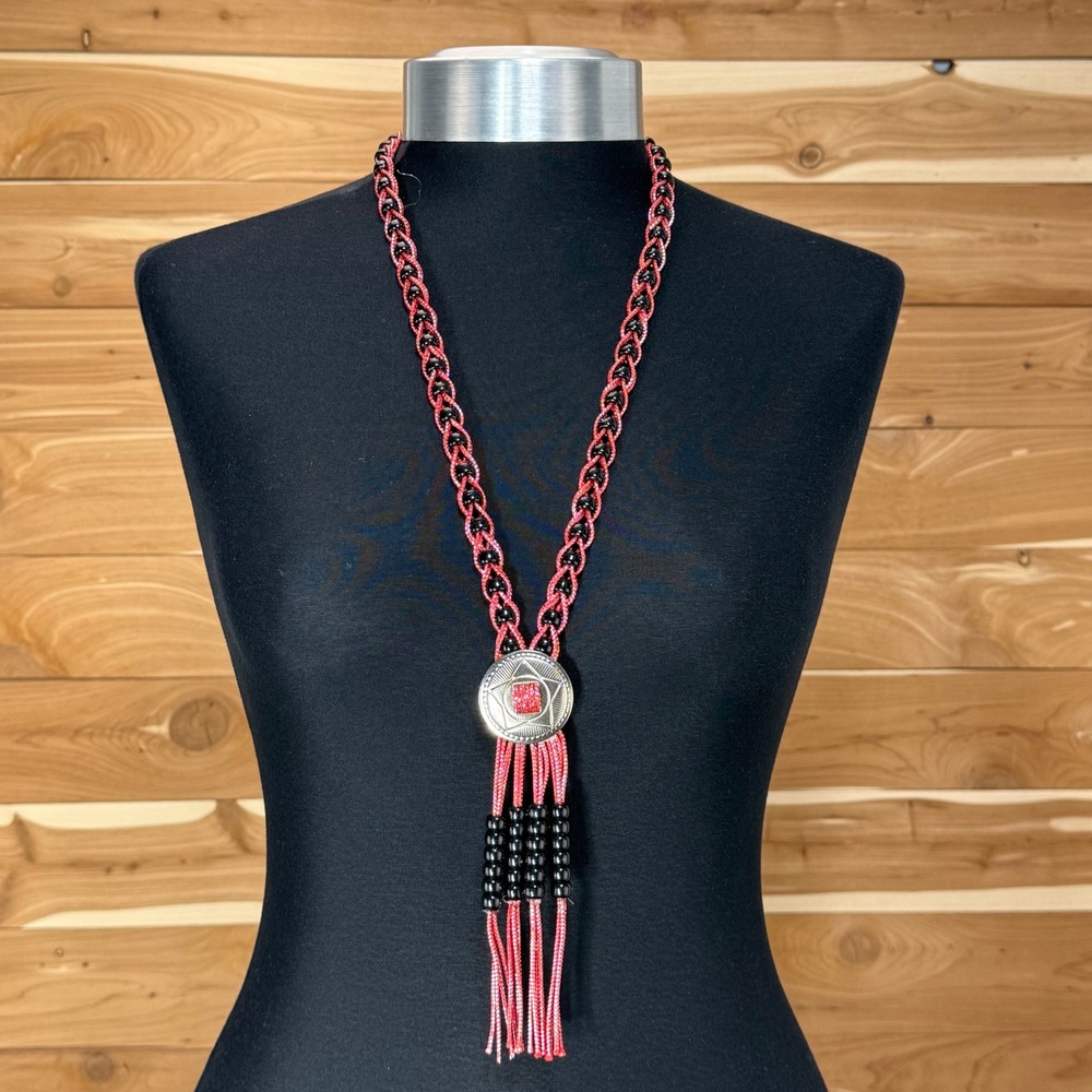 Beaded Bolo Tie Necklace‎ Western Style Silver Tone Pendant Red Black